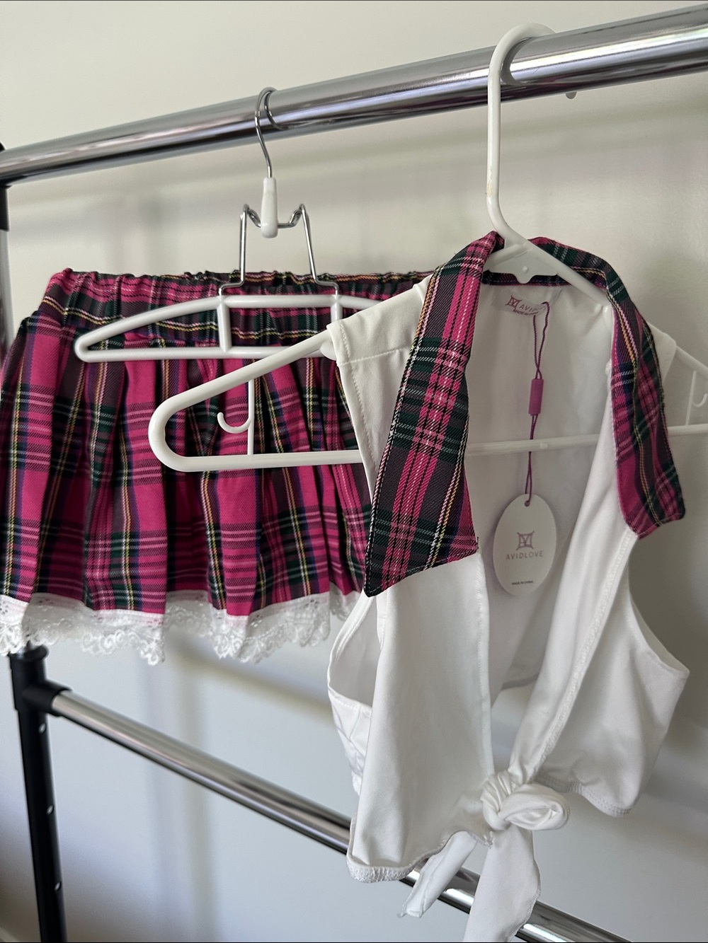 Avidlove Pink Plaid Mini Skirt & White Tie-Front Crop Top Set